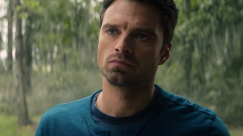 Bucky Barnes with short hair and t-shirt