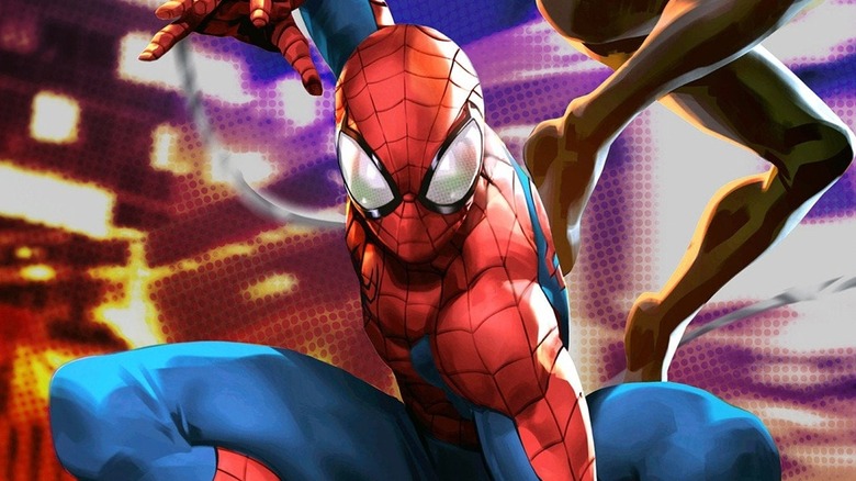 Spider-Man in superhero landing pose
