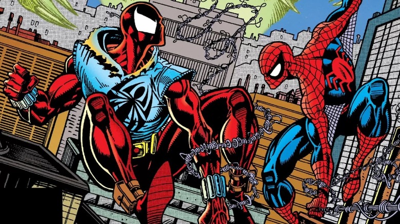 Scarlet Spider and Spider-Man fighting in the air