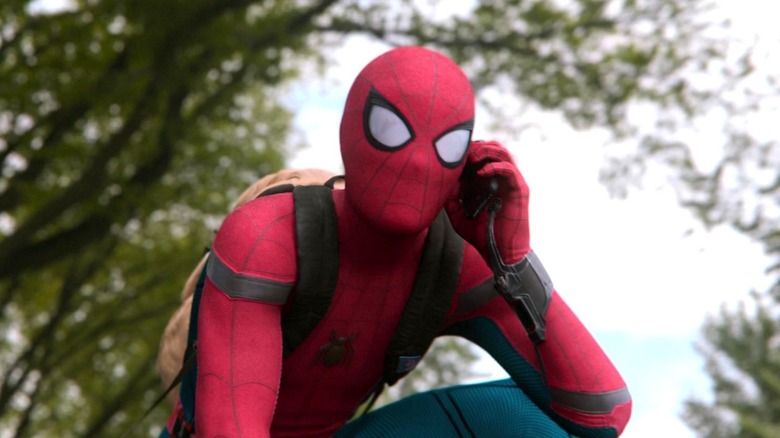 Spider-Man speaking on the phone in Spider-Man: Homecoming