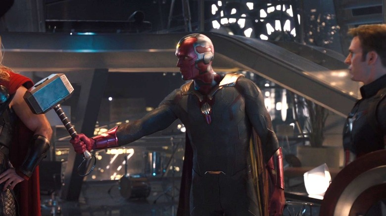 Vision holding Mjolnir in Avengers: Age of Ultron