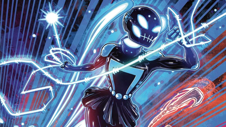 Ghost Rider sidekick wearing black latex-looking mask and skirted suit, holding blue glowing weapons
