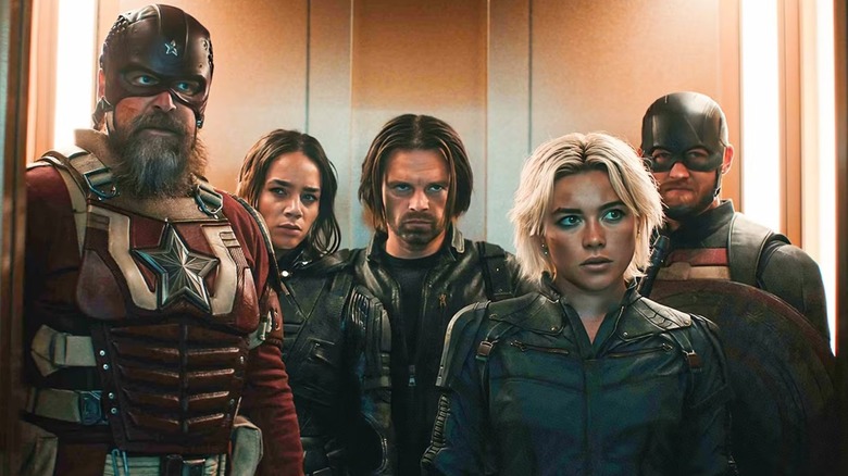 Ghost, Yelena, Bucky, U.S. Agent, and Red Guardian in an elevator in Thunderbolts*