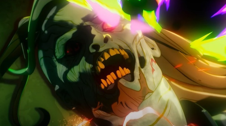 Zombie Thor about to have his head smashed by Infinity Hulk in Marvel Zombies