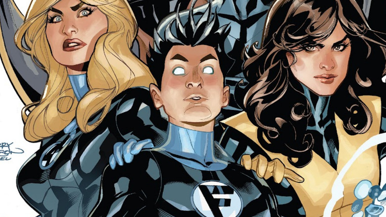 Franklin Richards flanked by Kitty Pryde and Invisible Woman