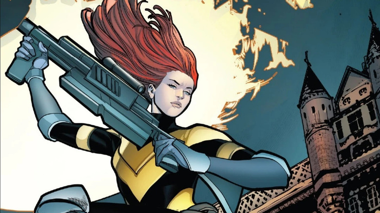 Hope Summers flying with a large gun