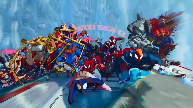 An army of spider-people climbing over each other on an upward moving train