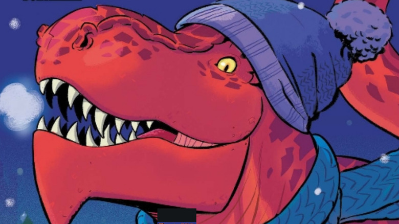 Devil Dinosaur happily skating