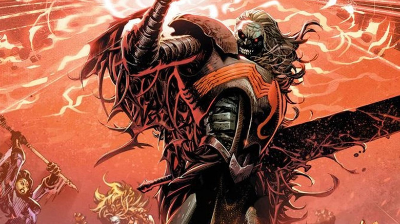 Knull holding All-Black the Necrosword in a fight