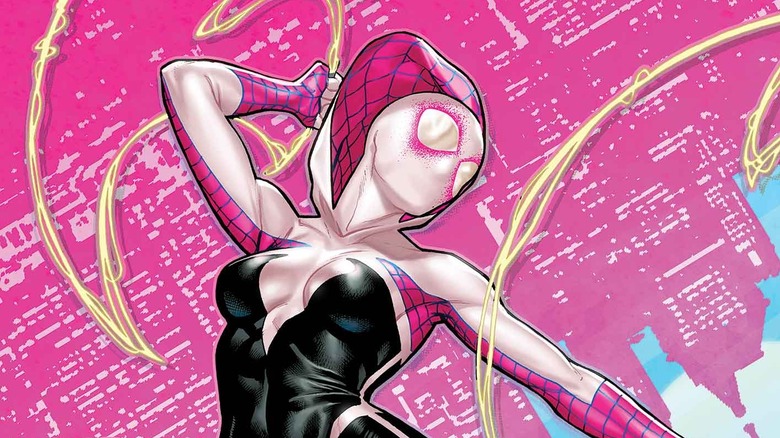 Spider-Gwen swings in sky