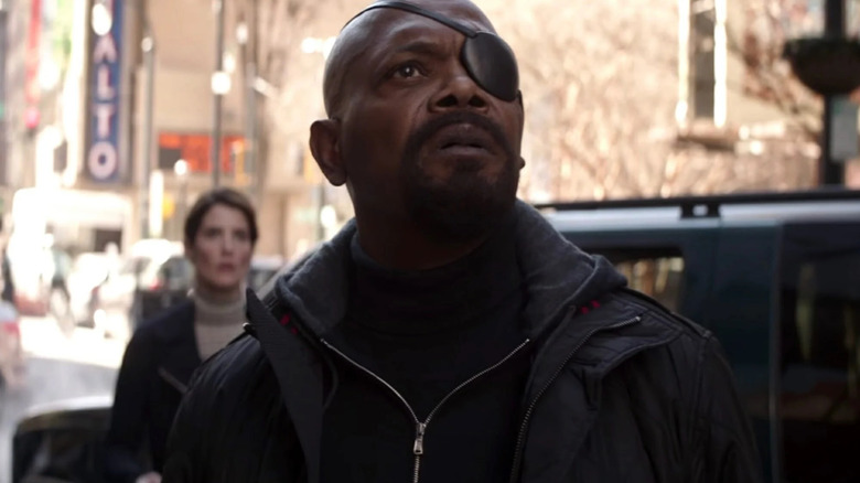 Nick Fury looking into the sky
