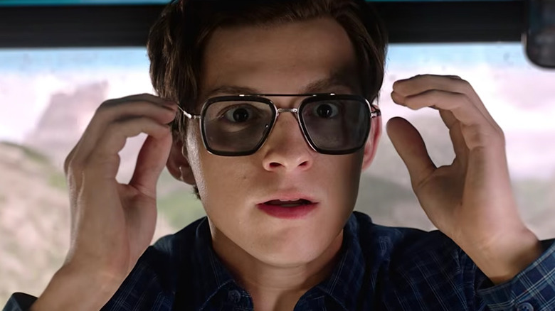 Peter Parker wearing the E.D.I.T.H. sunglasses in "Spider-Man: Far From Home" (2019)