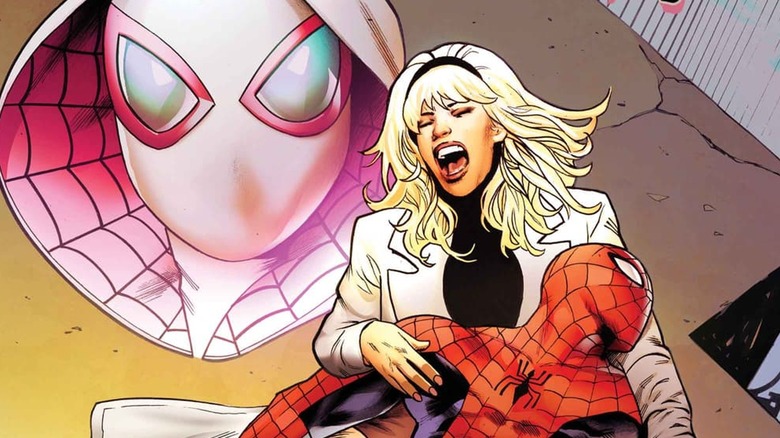 Gwen Stacy crying as she holds Spider-Man's dead body, Spider-Gwen's face looming in the background