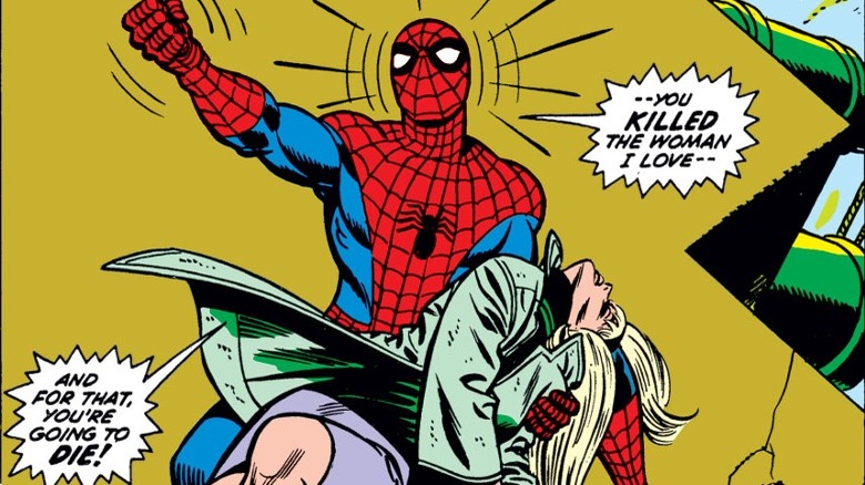 Spider-Man holding dead Gwen Stacy and shouting about wanting revenge