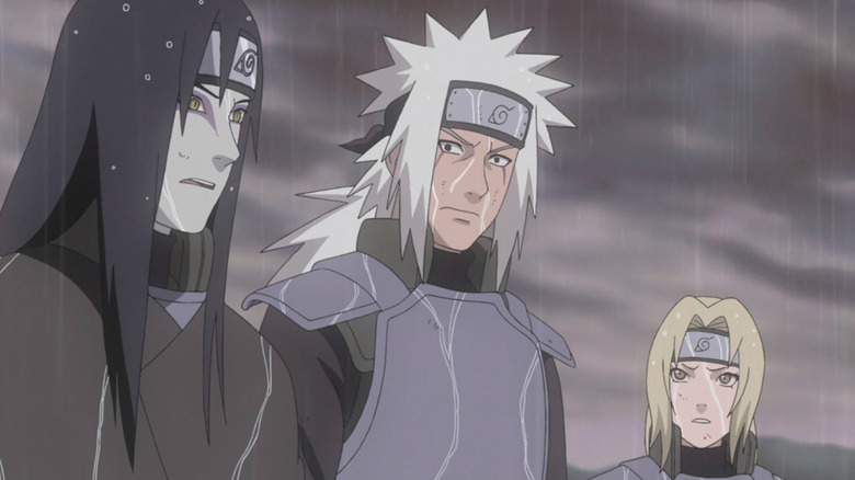 Orochimaru, Jiraiya, and Tsunade standing in rain