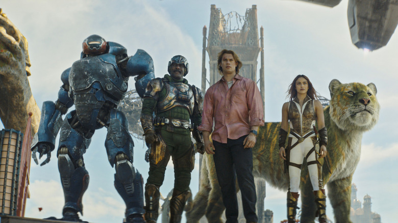 Roboto, Man-At-Arms, Adam, Teela, and Cringer exiting a ship in Masters of the Universe
