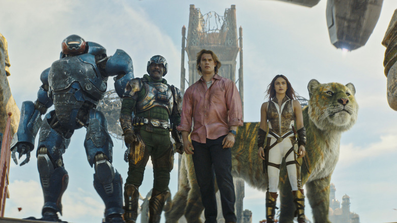 Roboto, Man-At-Arms, Adam, Teela, and Cringer exiting a ship in Masters of the Universe