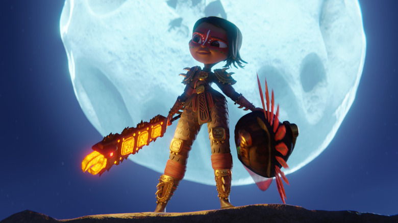 Maya in armor backlit by moon