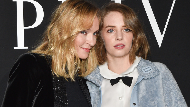 Uma Thurman and her daughter Maya Hawke posing at the Giorgio Armani Prive Haute Couture Spring Summer 2019 show
