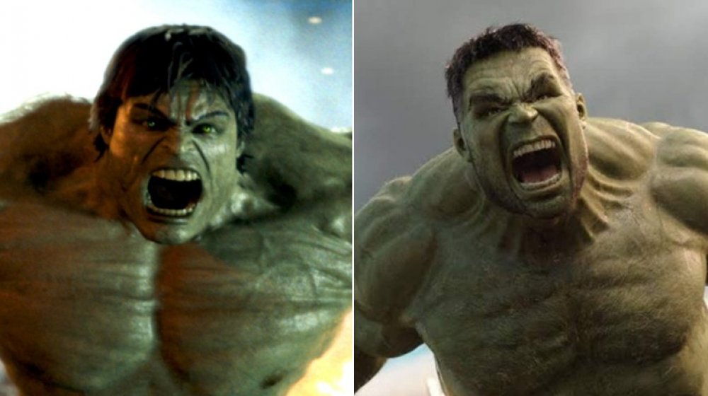 Split image of the Norton Hulk from Incredible Hulk and the Ruffalo Hulk from Thor: Ragnarok