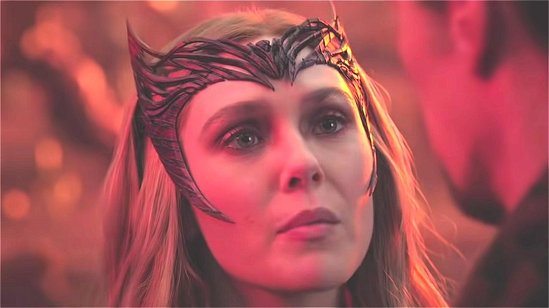 Elizabeth Olsen wearing Scarlet Witch headpiece