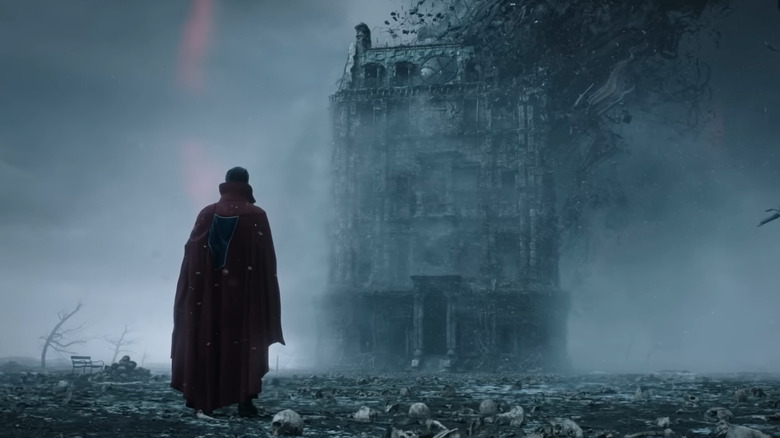 Doctor Strange faces a crumbling mansion in "Doctor Strange in the Multiverse of Madness" (2022)