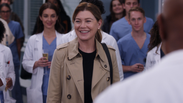 Ellen Pompeo as Meredith Grey looking happy as she says farewell