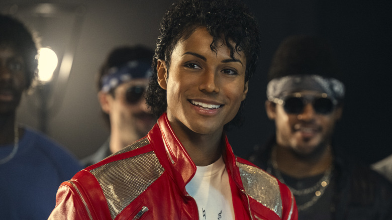 Michael Jackson smiling in Thriller jacket in 