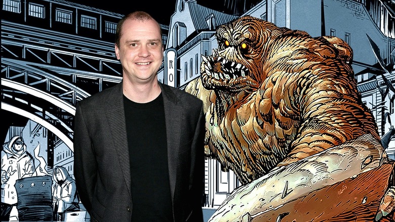 Mike Flanagan superimposed on top of artwork of Clayface in Gotham City