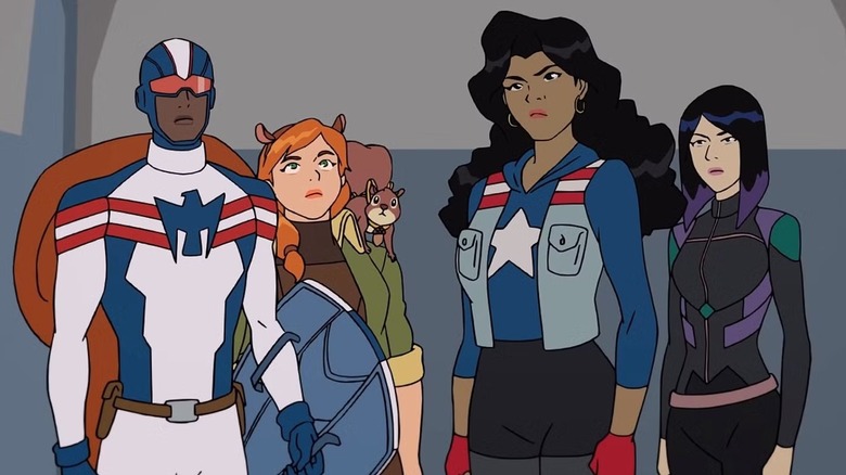 Patriot, Squirrel Girl, America Chavez, and Quake standing together in "Marvel Rising: Secret Warriors."