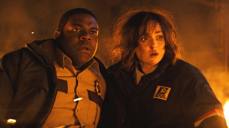 Finn and Cecily with shocked expressions in "Werewolves Within."