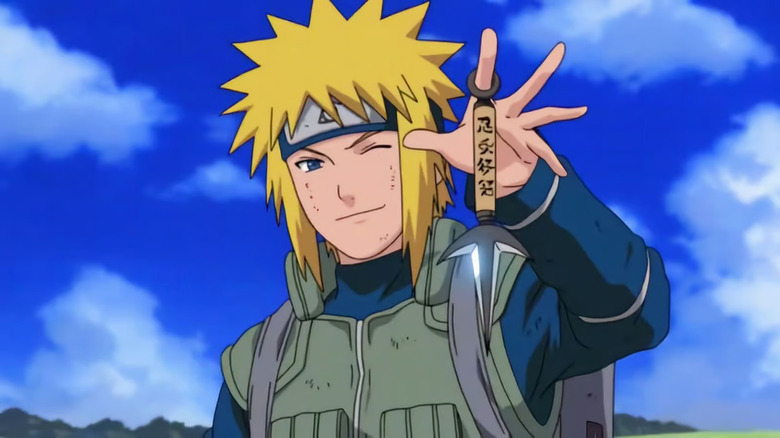 Minato winking holding up kunai