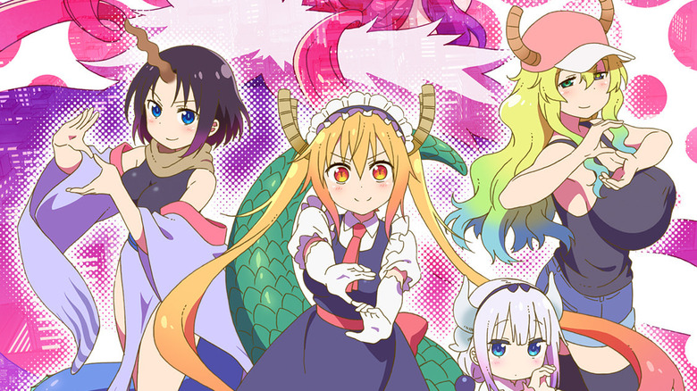 Elma, Tohru, Lucoa, and Kanna make the letter S with their hands