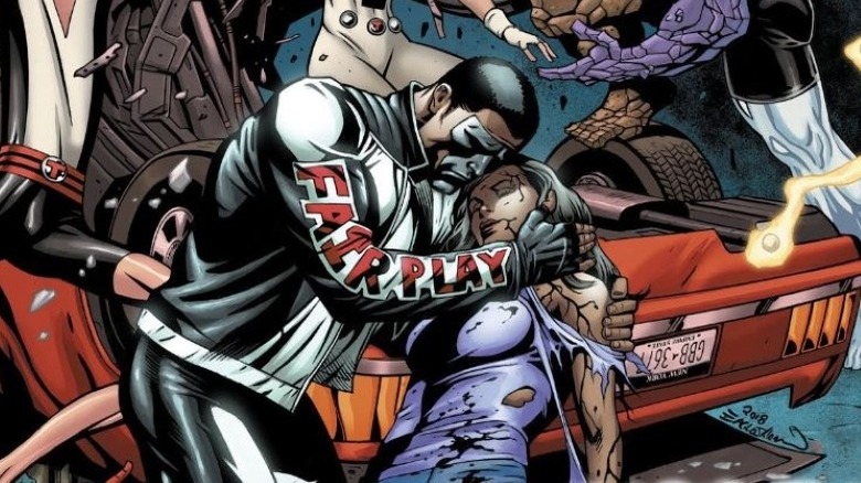 Mister Terrific holds injured wife