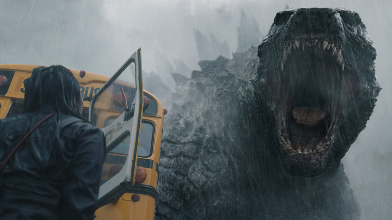 Godzilla roaring at school bus