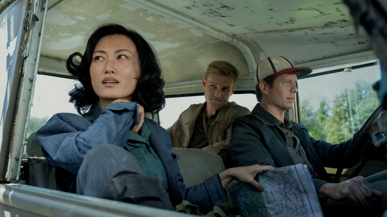 Keiko, Bill, and Lee Shaw in a Jeep