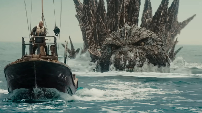 Godzilla chasing a boat in Godzilla Minus One