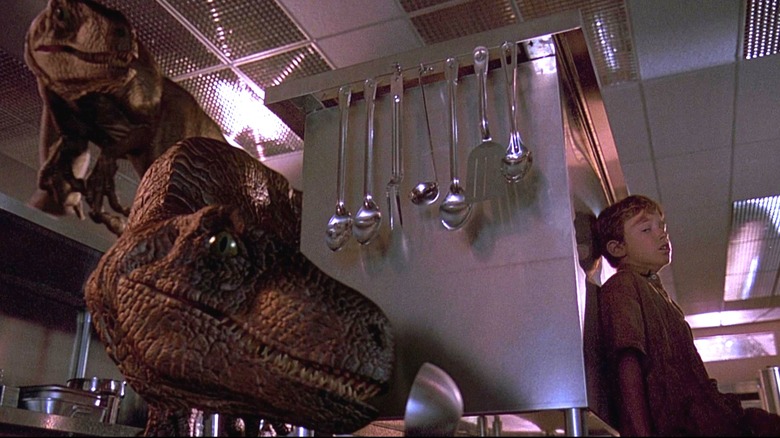 The Velociraptors searching the kitchen in Jurassic Park