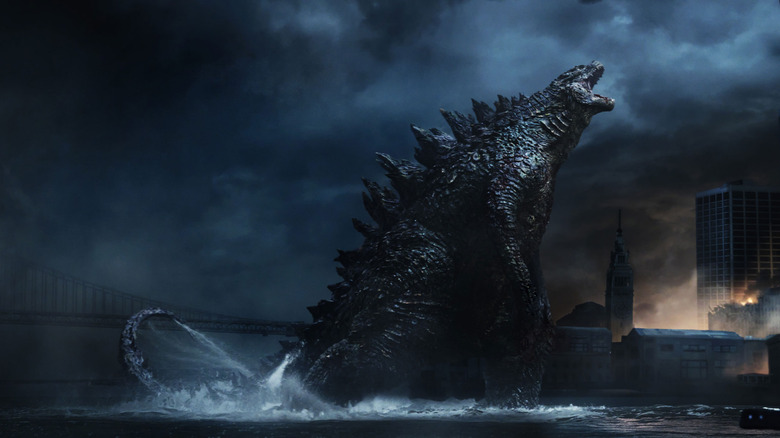 Godzilla roaring in triumph after defeating a big monster in Godzilla (2014)