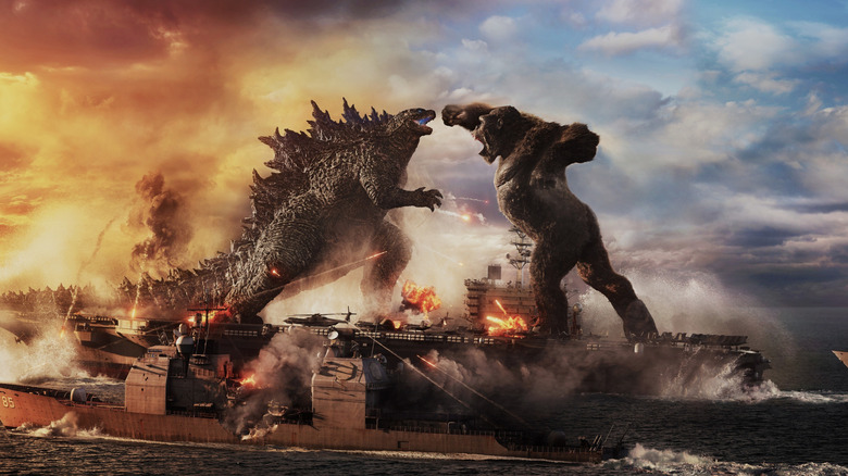Godzilla and Kong quietly disagreeing on matters in Godzilla vs. Kong (2021)
