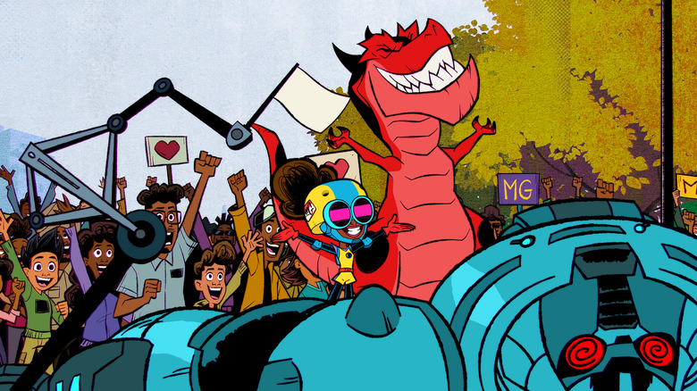 Moon Girl and Devil Dinosaur smiling at cheering crowd