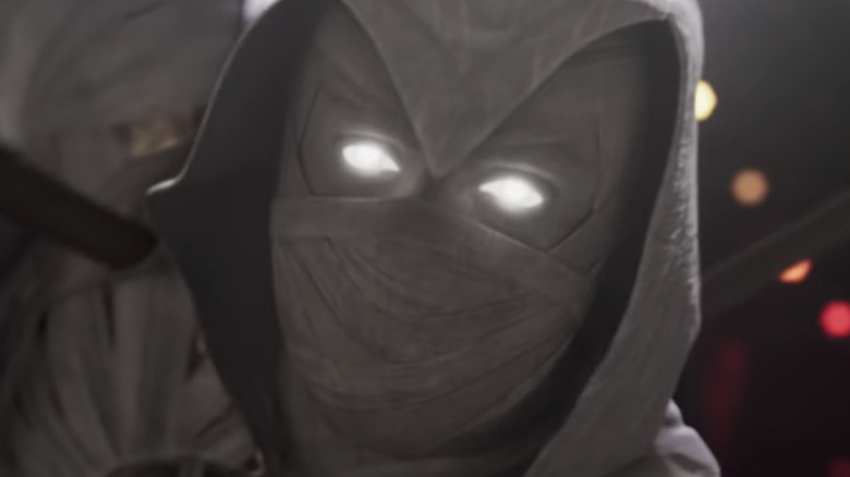 A close-up of Moon Knight wearing his costume