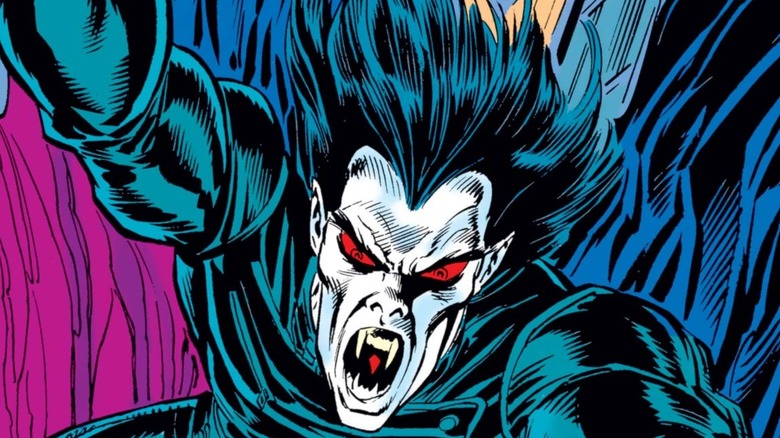 Morbius flies while baring his fangs