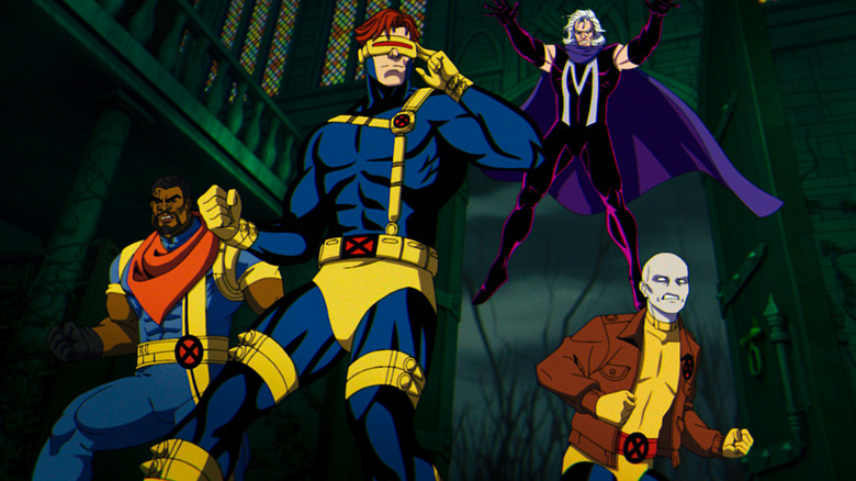 Bishop, Cyclops, Magneto, and Morph stand together in X-Men '97