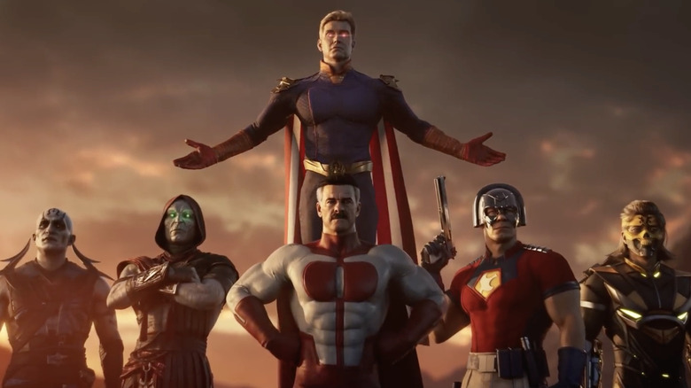 Homelander floating behind Quan Chi, Ermac, Omni Man, Peacemaker, and Takeda