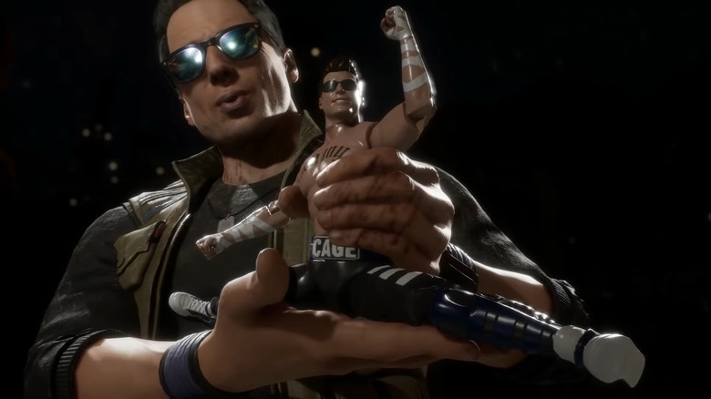 Johnny Cage holding a Johnny Cage toy in Mortal Kombat 11