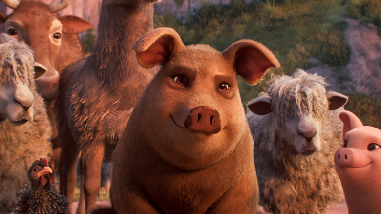 A pig sitting next to various farm animals in "Animal Farm"
