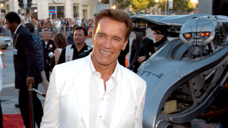 Arnold Schwarzenegger in white suit at Terminator 3 premiere