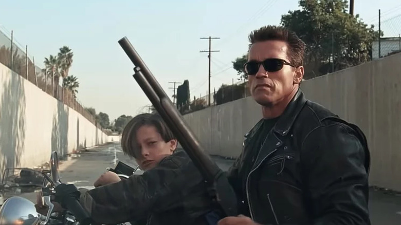 John Connor and the T-800 on a motorcycle in Terminator 2: Judgment Day (1991)