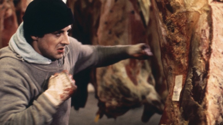 Rocky punches a slab of beef in "Rocky" (1976)